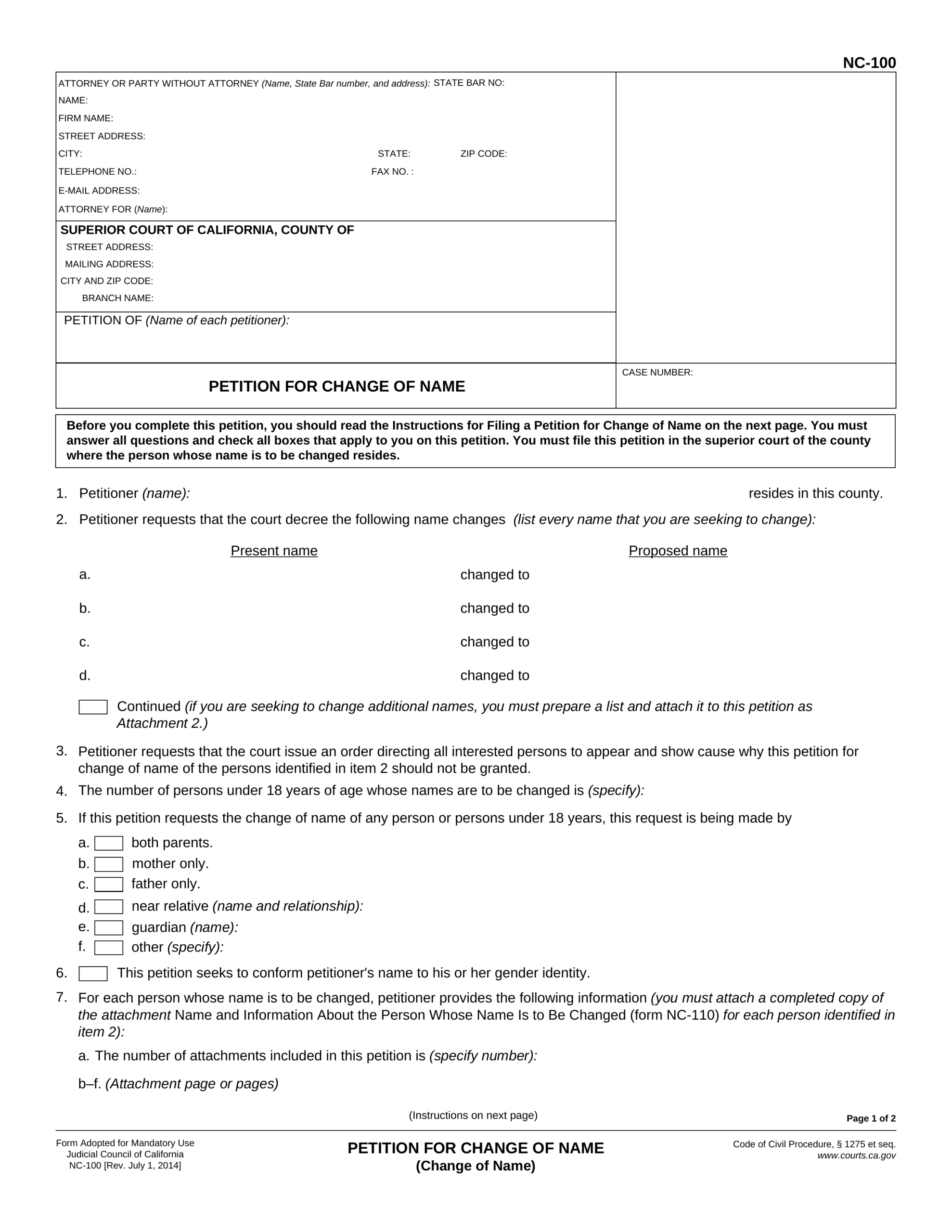 Free California Name Change Forms Petition NC 100 PDF EForms