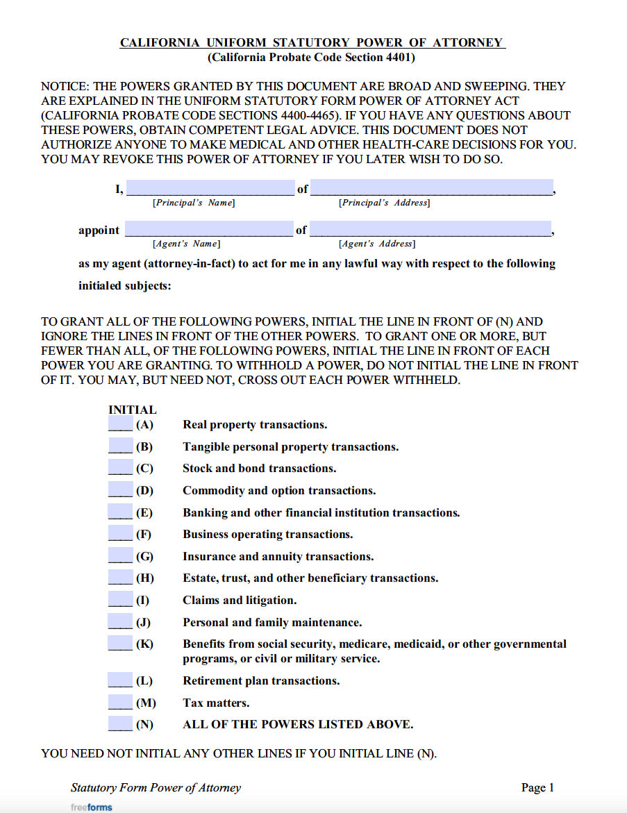 Free Printable Medical Power Of Attorney Form For California