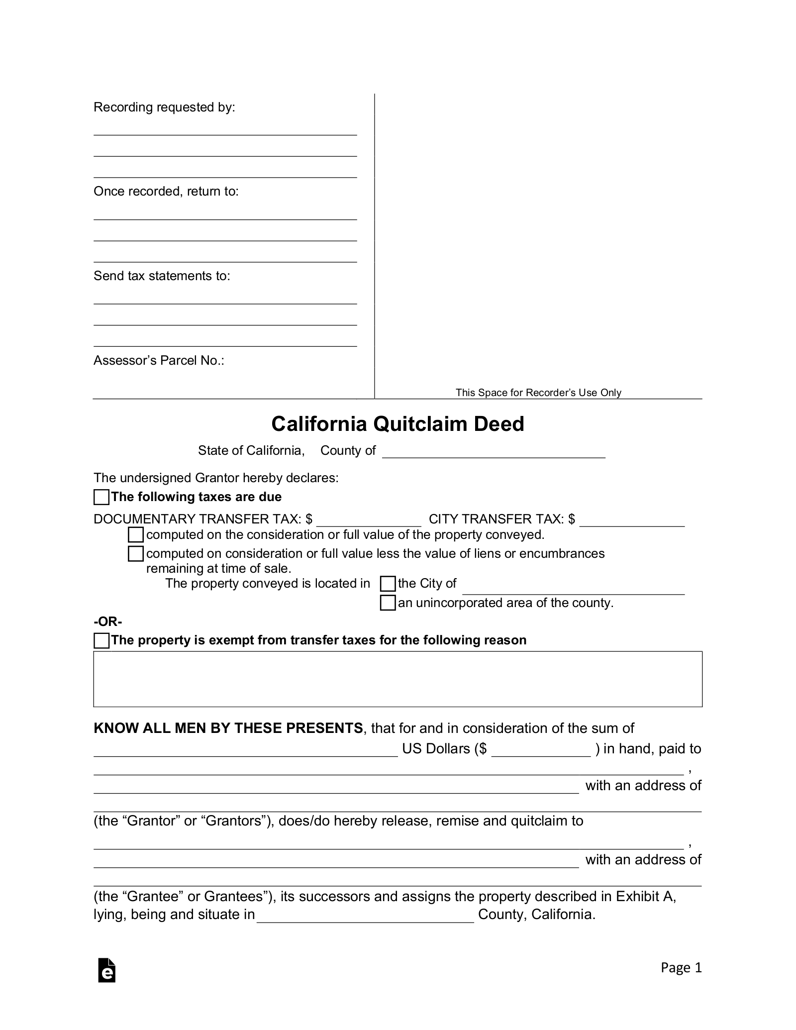 Free California Quit Claim Deed Form PDF Word EForms Worksheets Library