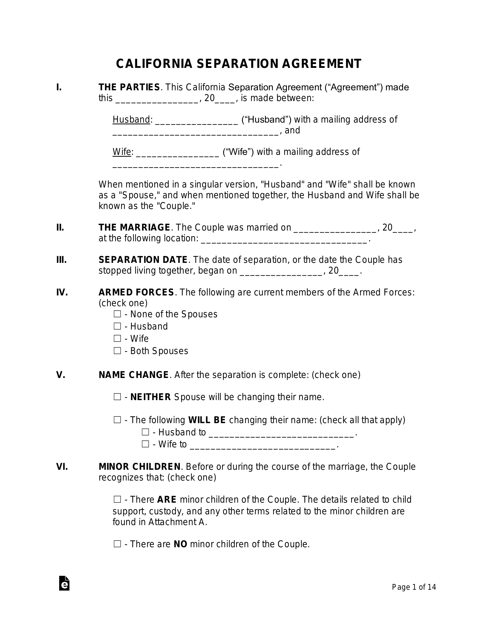 Free California Separation Agreement Template PDF Word EForms