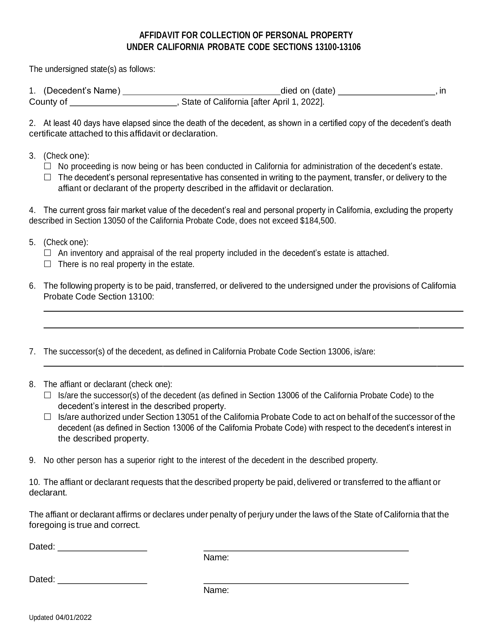 Free California Small Estate Affidavit Affidavit For Collection 
