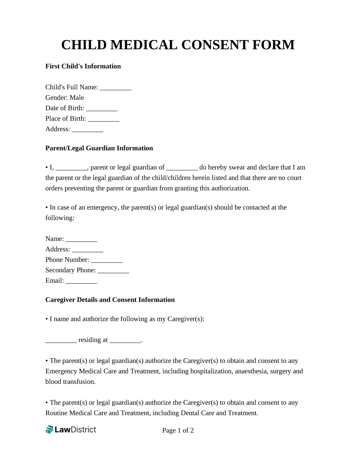 Free Child Medical Consent Form Online Template LawDistrict