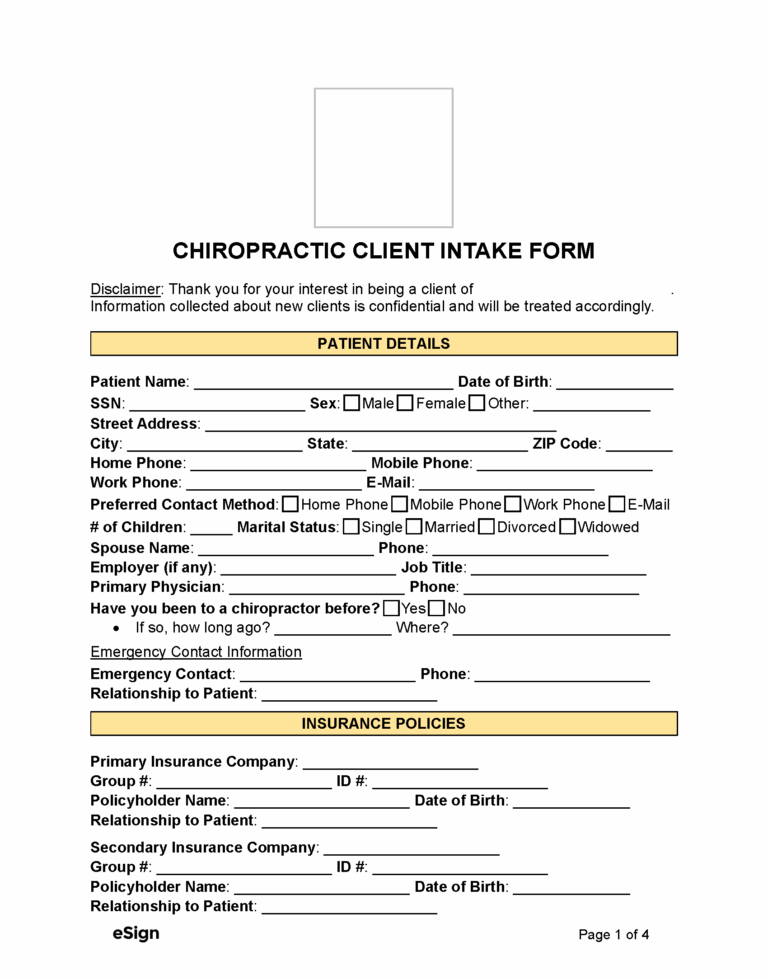 Free Chiropractic Client Intake Form PDF Word