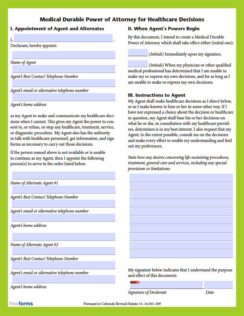 Free Printable Colorado Durable Medical Power Of Attorney Form