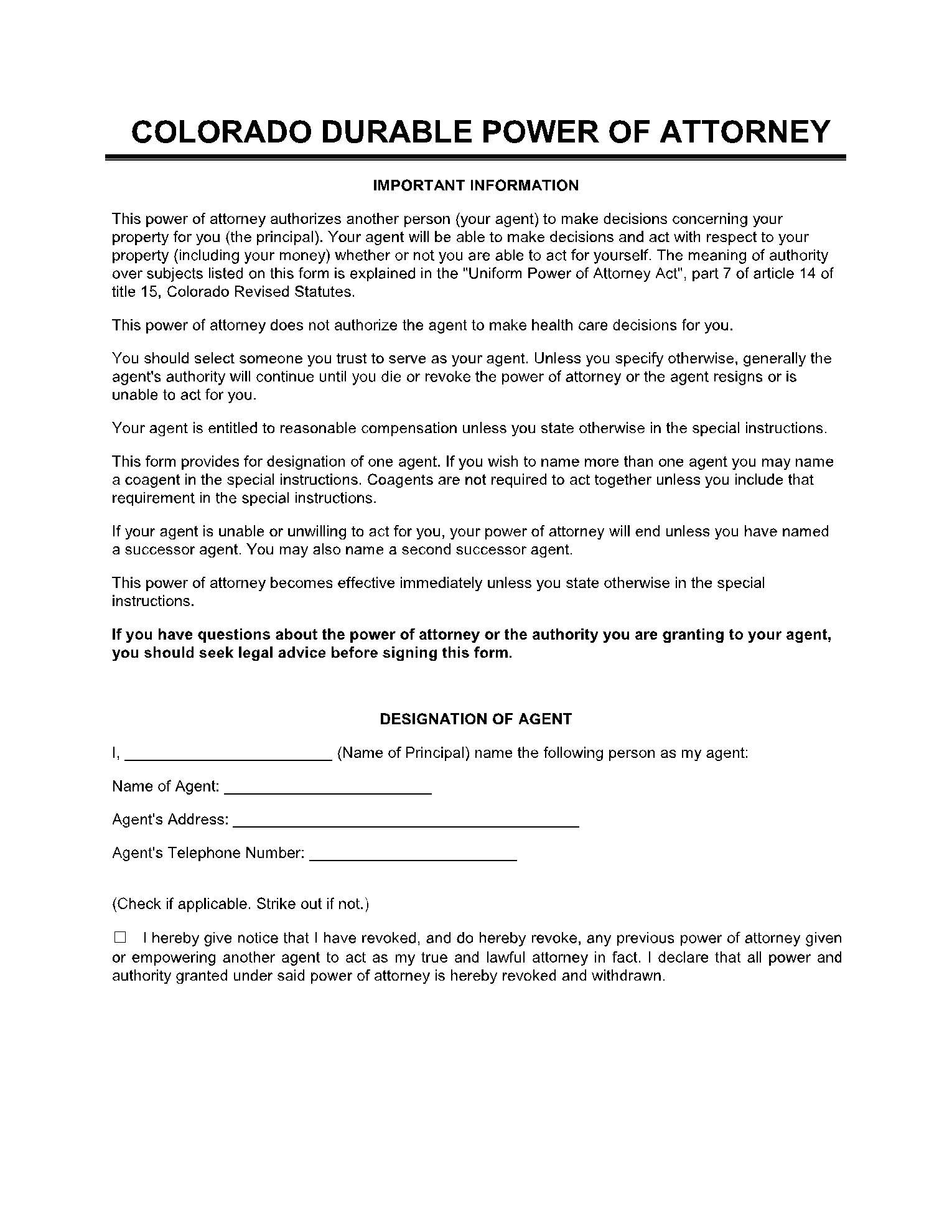 Free Colorado Durable Power Of Attorney Forms PDF CocoSign