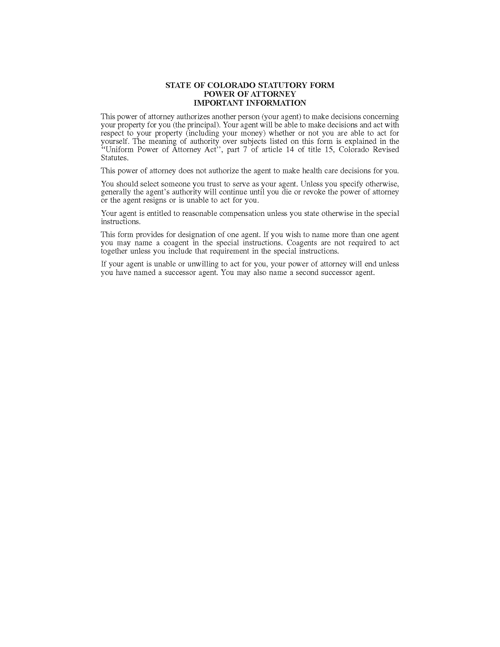 Free Printable Power Of Attorney Form Colorado