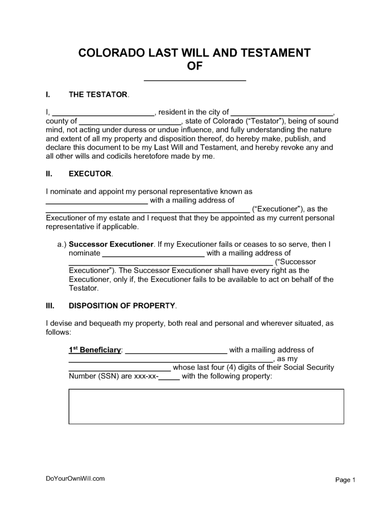 Free Colorado Last Will And Testament Form PDF WORD ODT