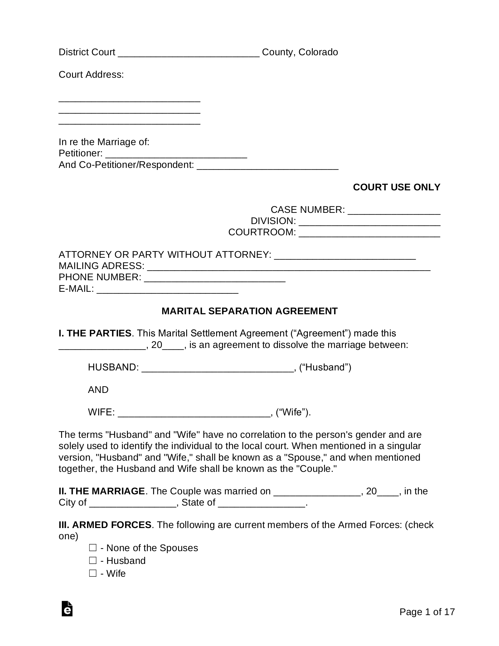 Free Colorado Marital Settlement Divorce Agreement PDF Word 