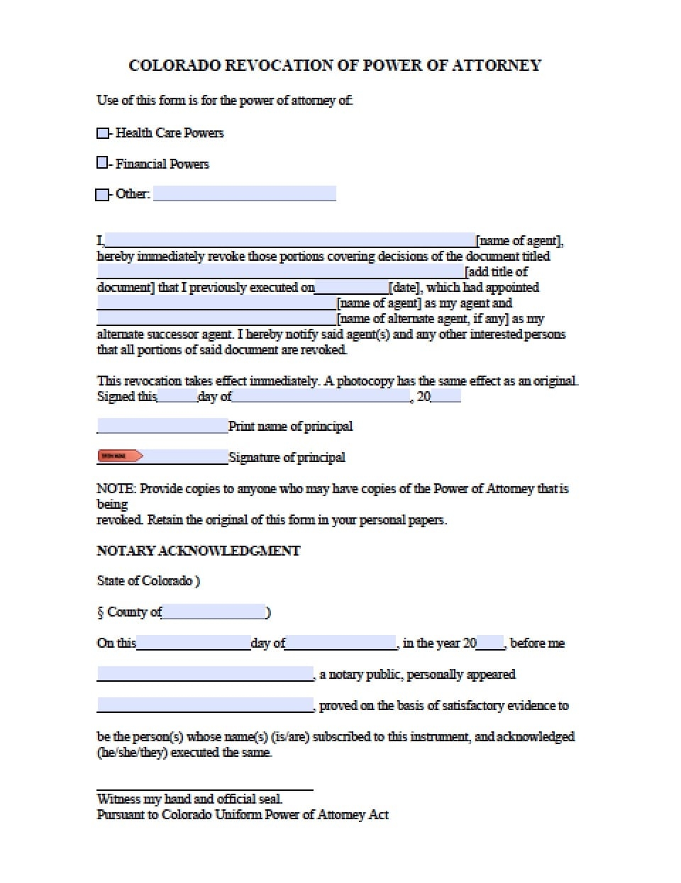 Free Colorado Power Of Attorney Forms 9 Types Power Of Attorney