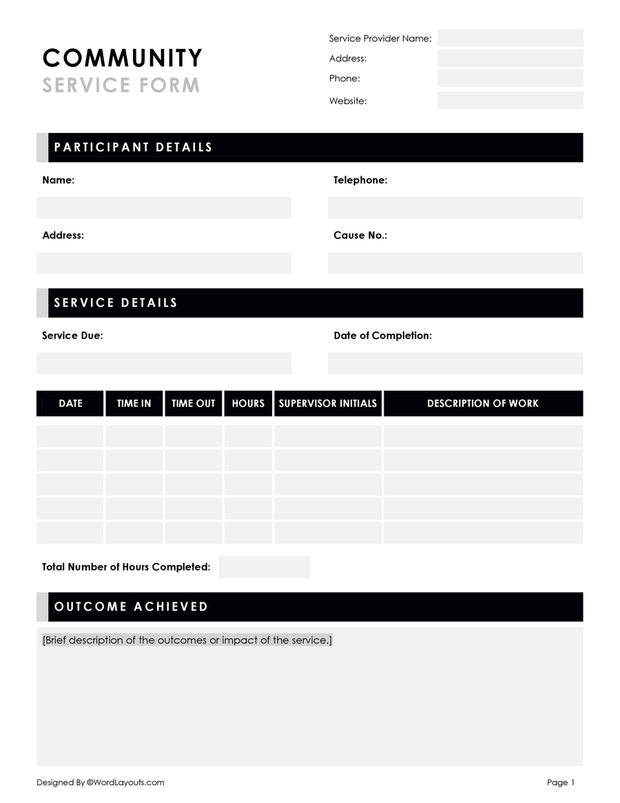 Free Community Service Form WordLayouts