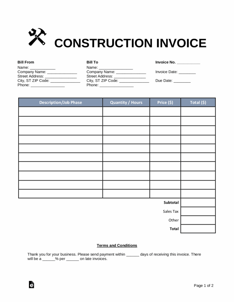 Free Construction Invoice Template PDF Word EForms