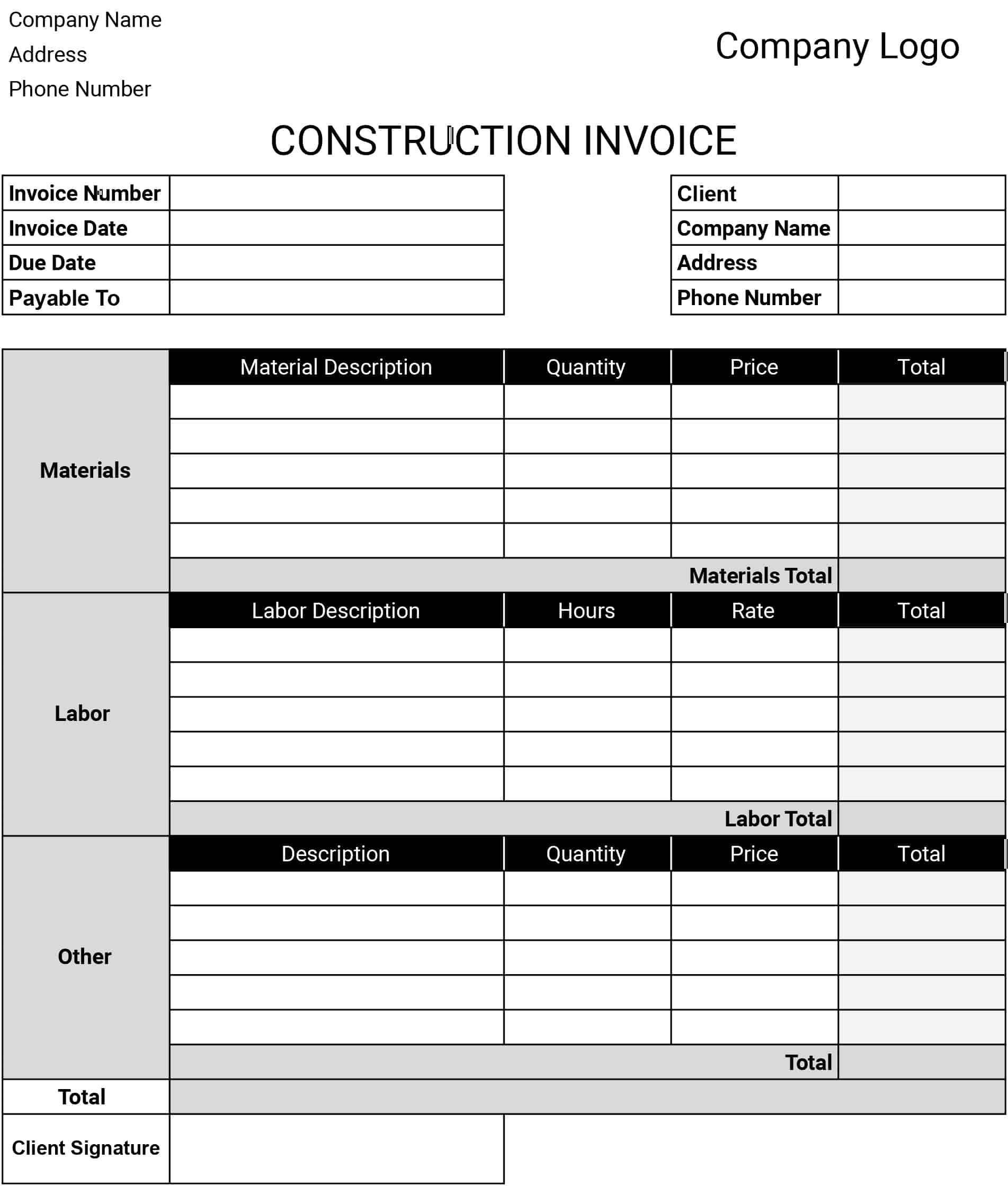 Free Construction Invoice Templates Download Print In PDF Office GDocs 