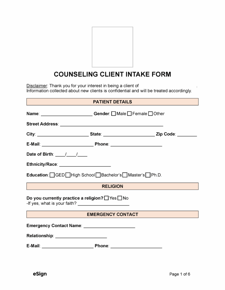 Free Counseling Intake Form PDF Word