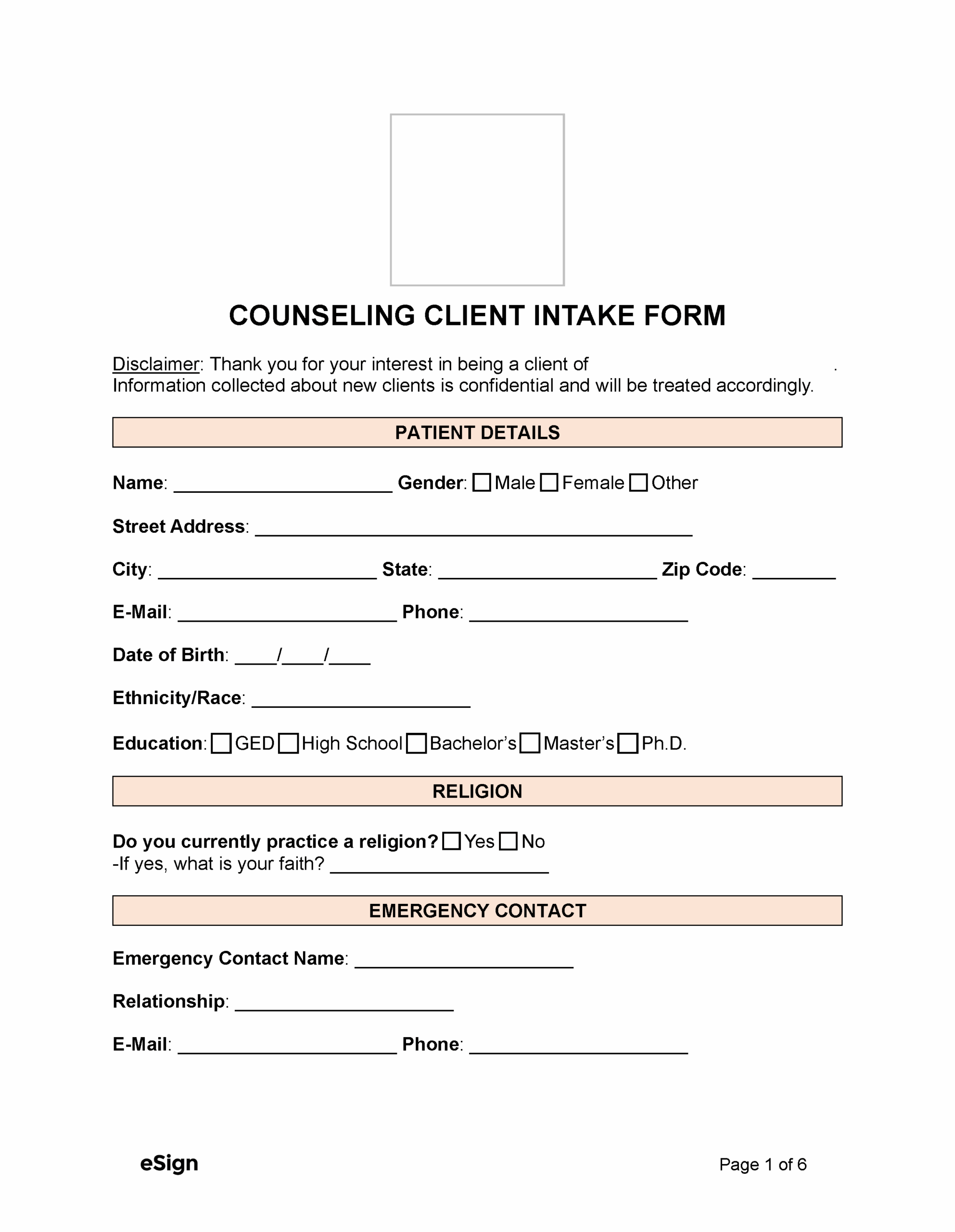 Free Counseling Intake Form PDF Word