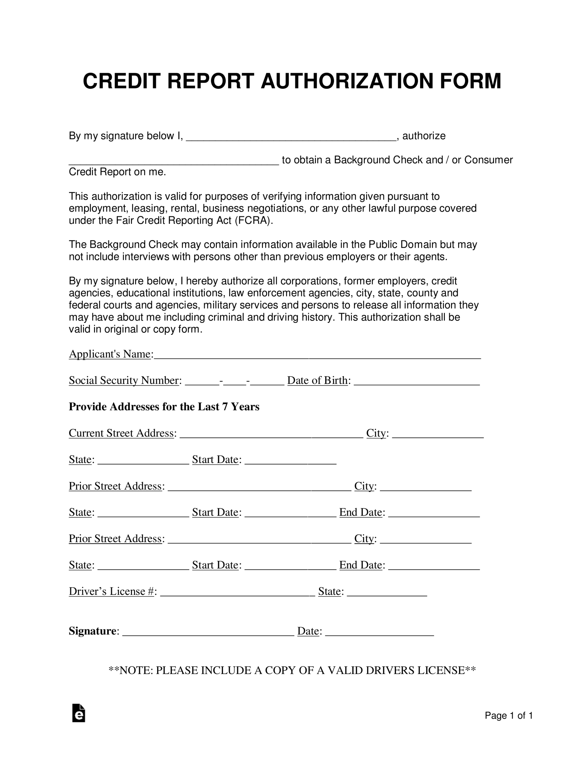 Free Credit Report Authorization Consent Form PDF Word EForms
