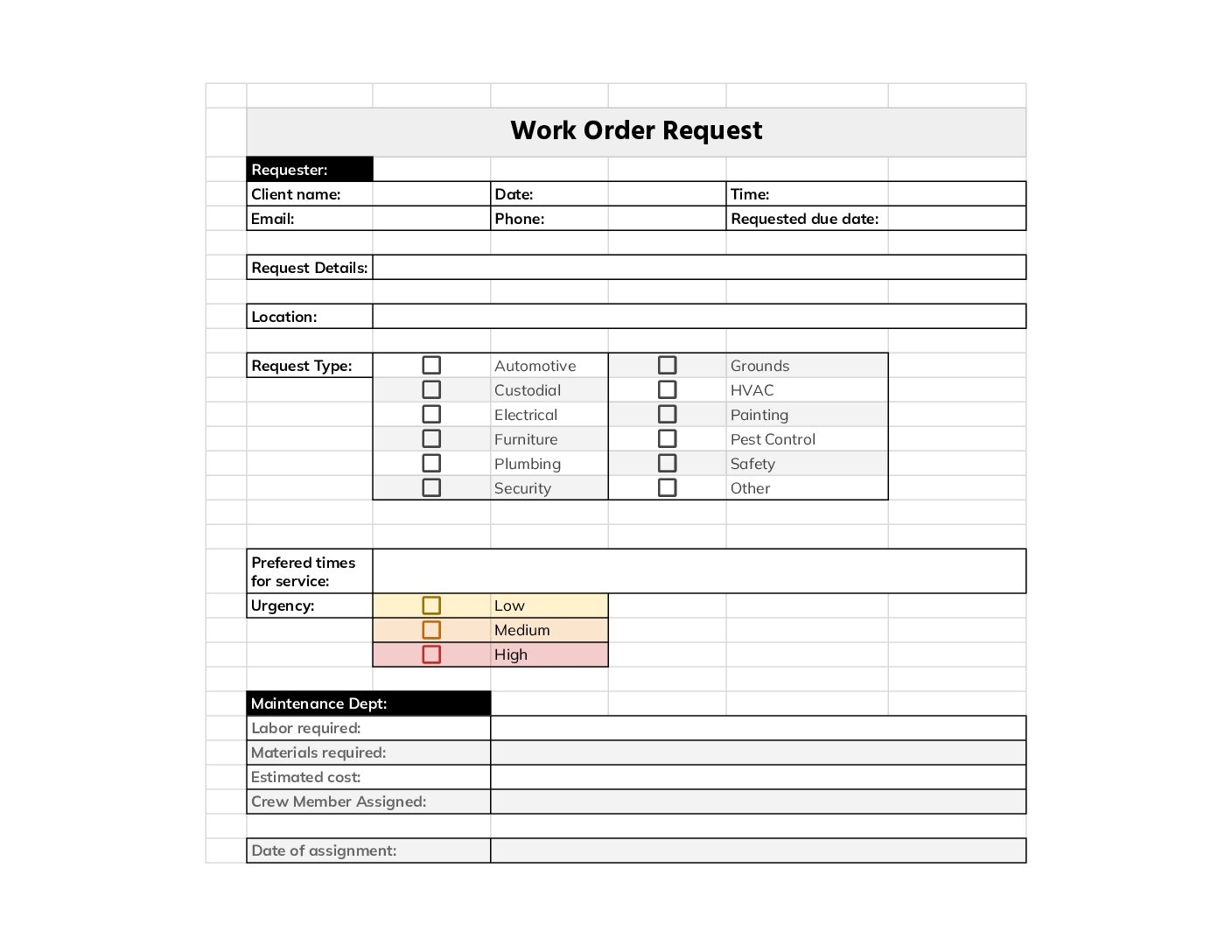 Free Printable Fillable Maintenancework Order Form