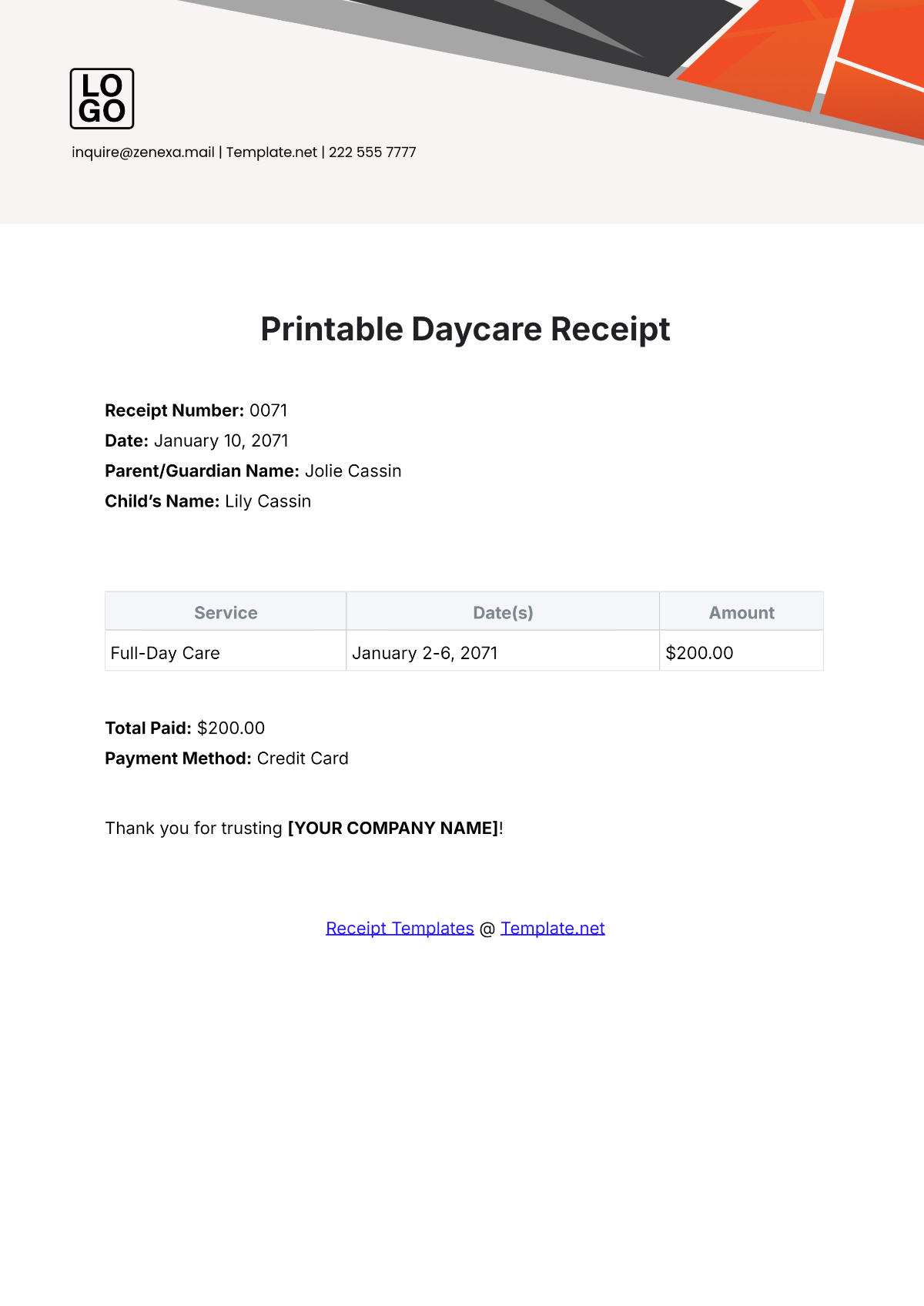 Free Daycare Receipt Templates Editable And Printable