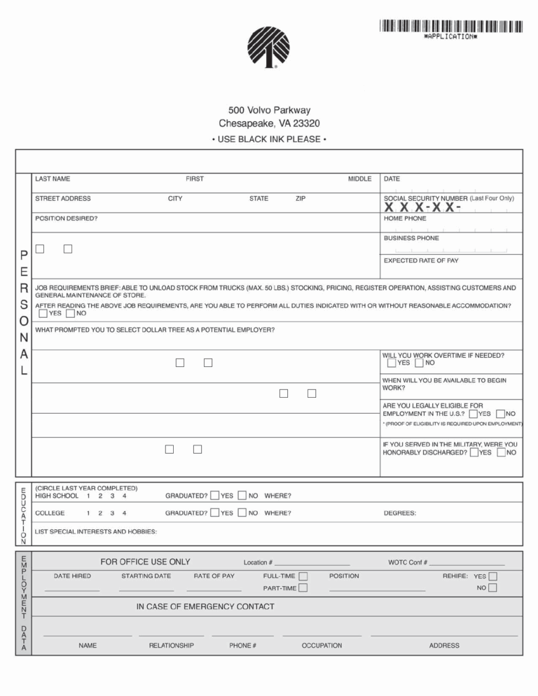 Free Dollar Tree Employment Application Form PDF 462KB 2 Page s Worksheets Library