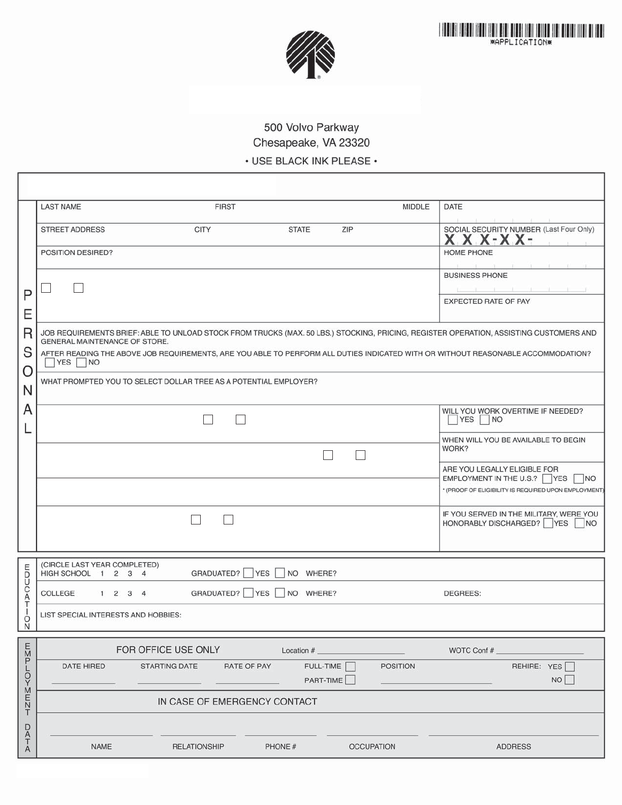 Free Dollar Tree Employment Application Form PDF 462KB 2 Page s Worksheets Library