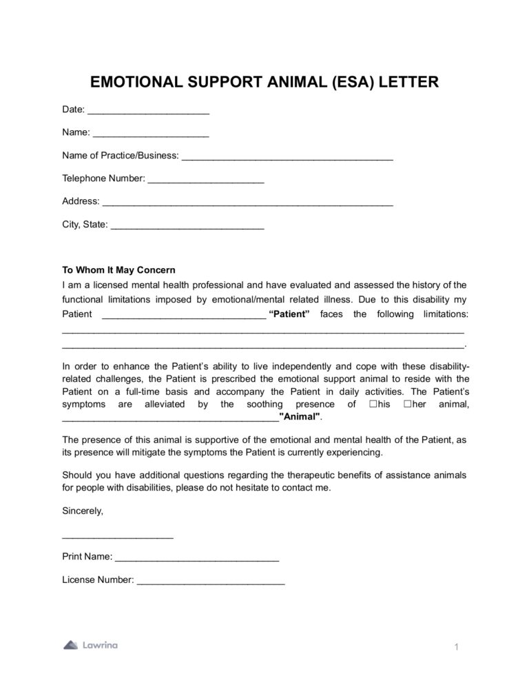 Free Emotional Support Animal ESA Letter PDF Lawrina
