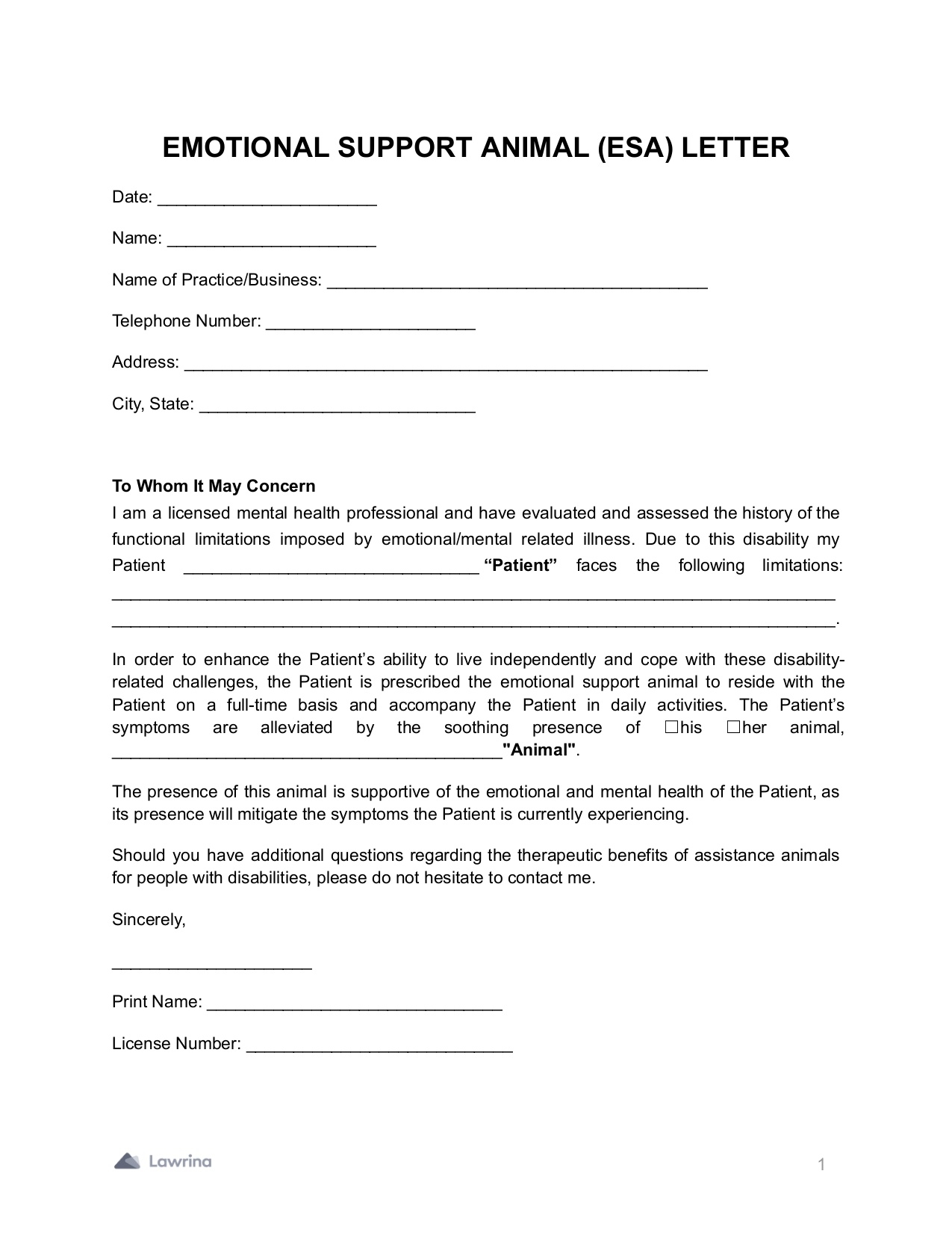 Free Emotional Support Animal ESA Letter PDF Lawrina