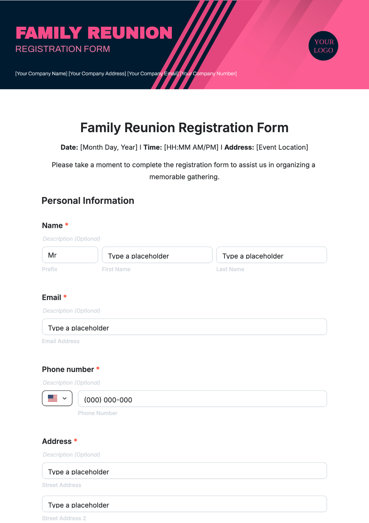 Free Printable Family Reunion Registration Form Template Word
