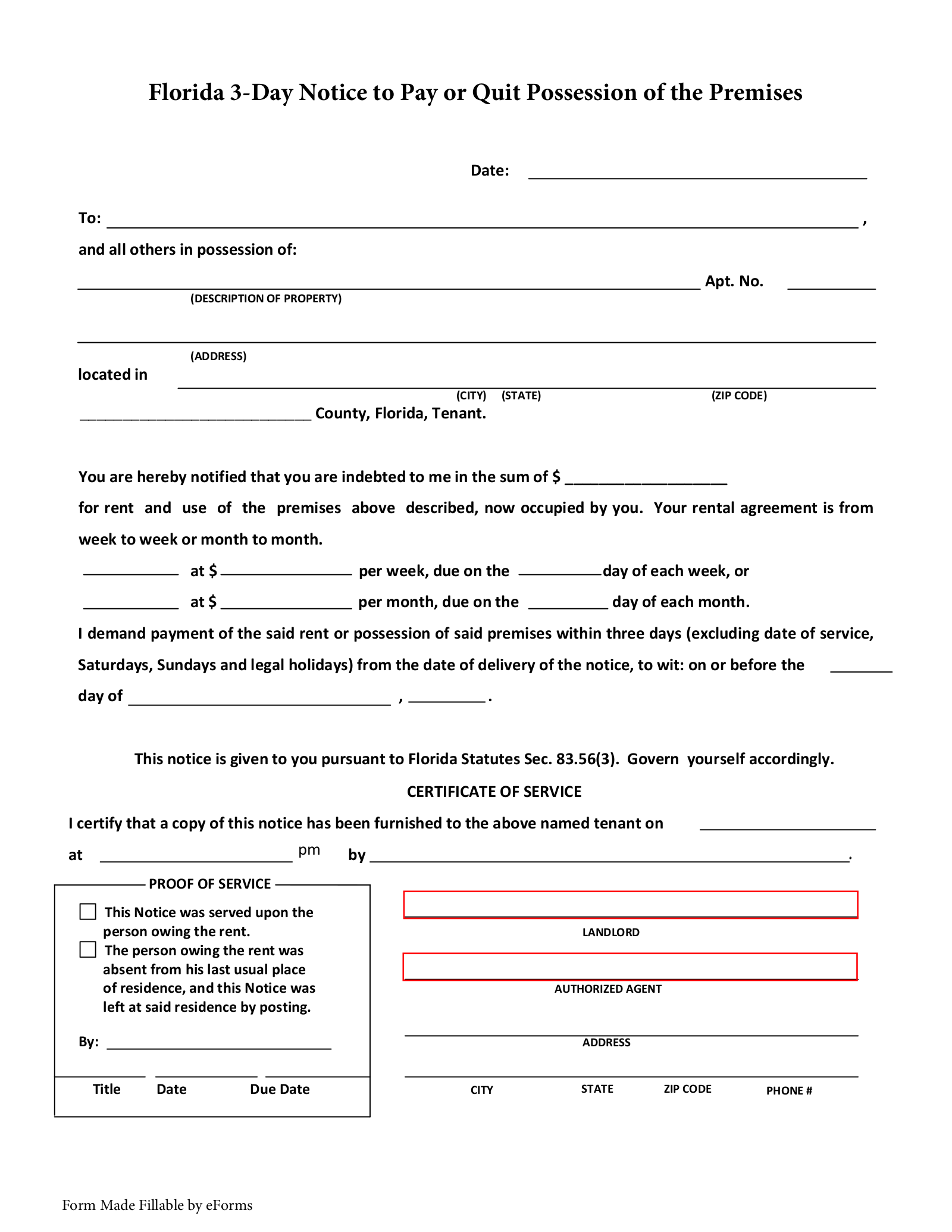 Free Florida 3 Day Notice To Quit Form Non Payment Of Rent PDF 