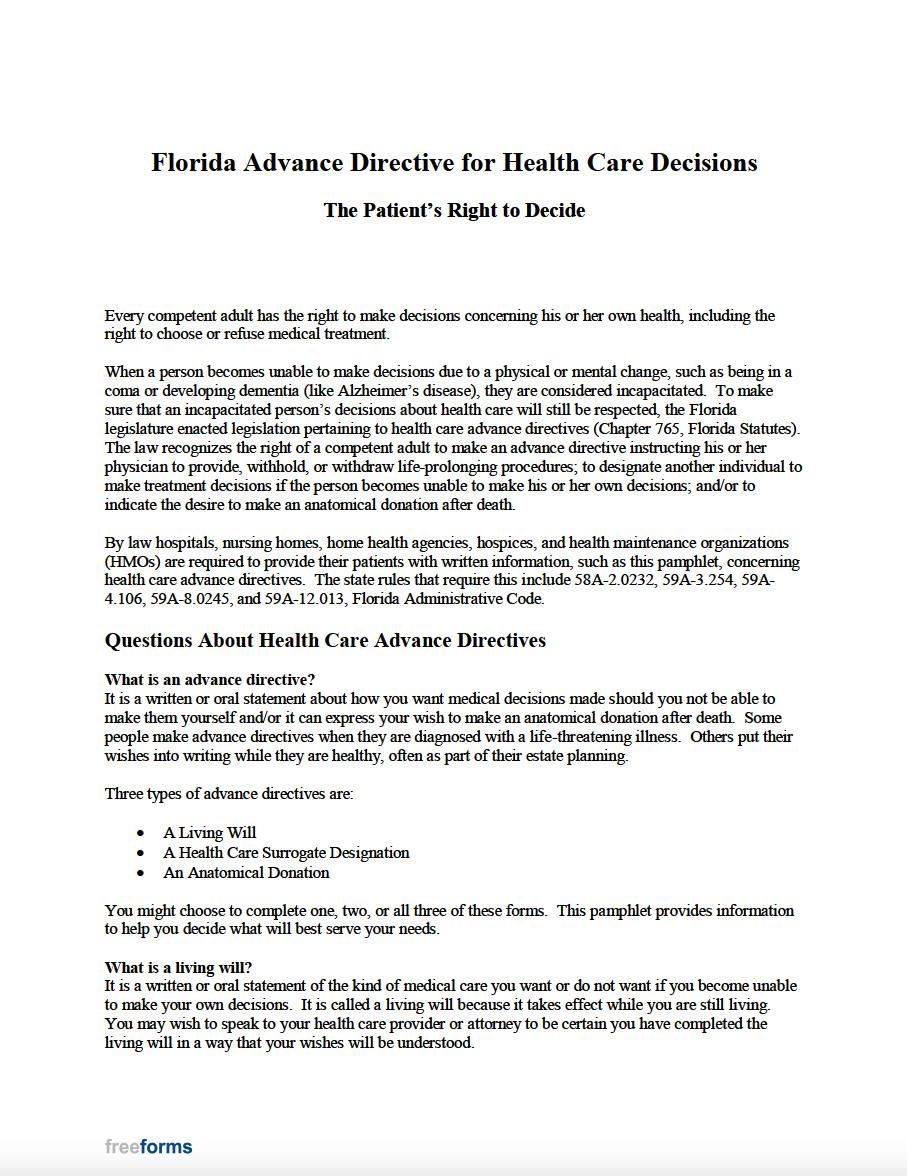 Free Florida Advance Directive Form Medical POA U0026 Living Will PDF