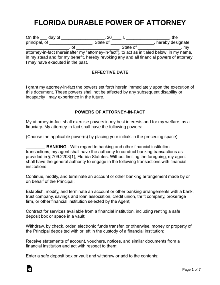Free Florida Durable Statutory Power Of Attorney Form PDF Word EForms