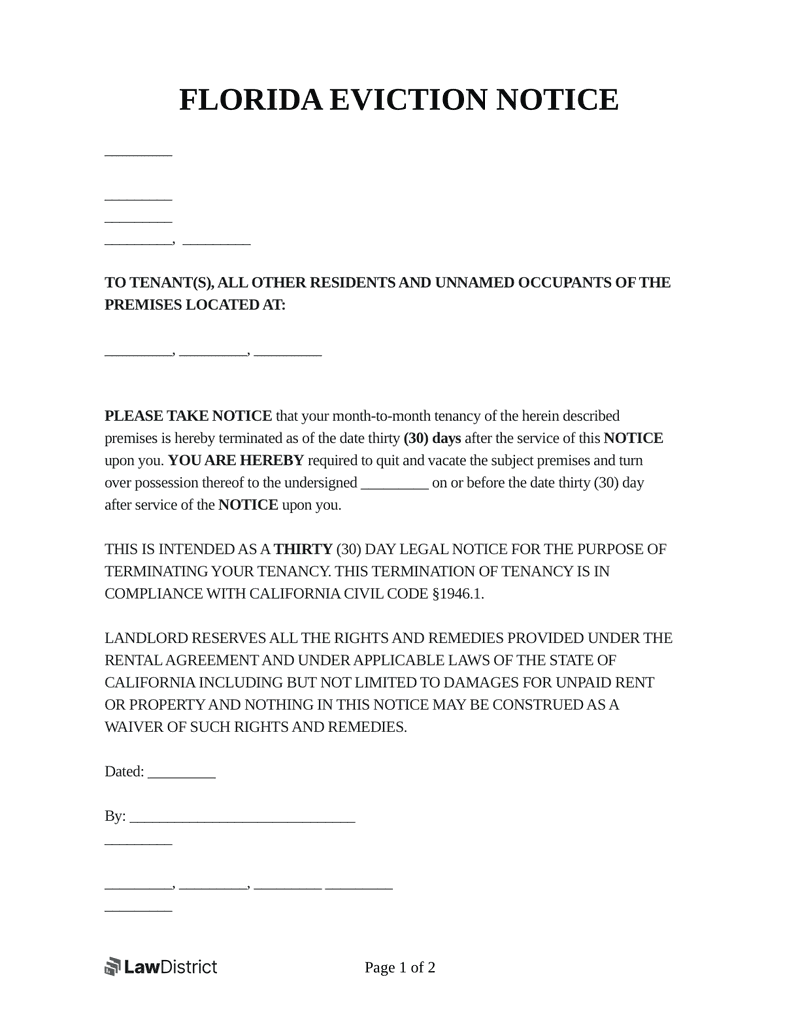 Florida Free Printable 3 Day Notice Form