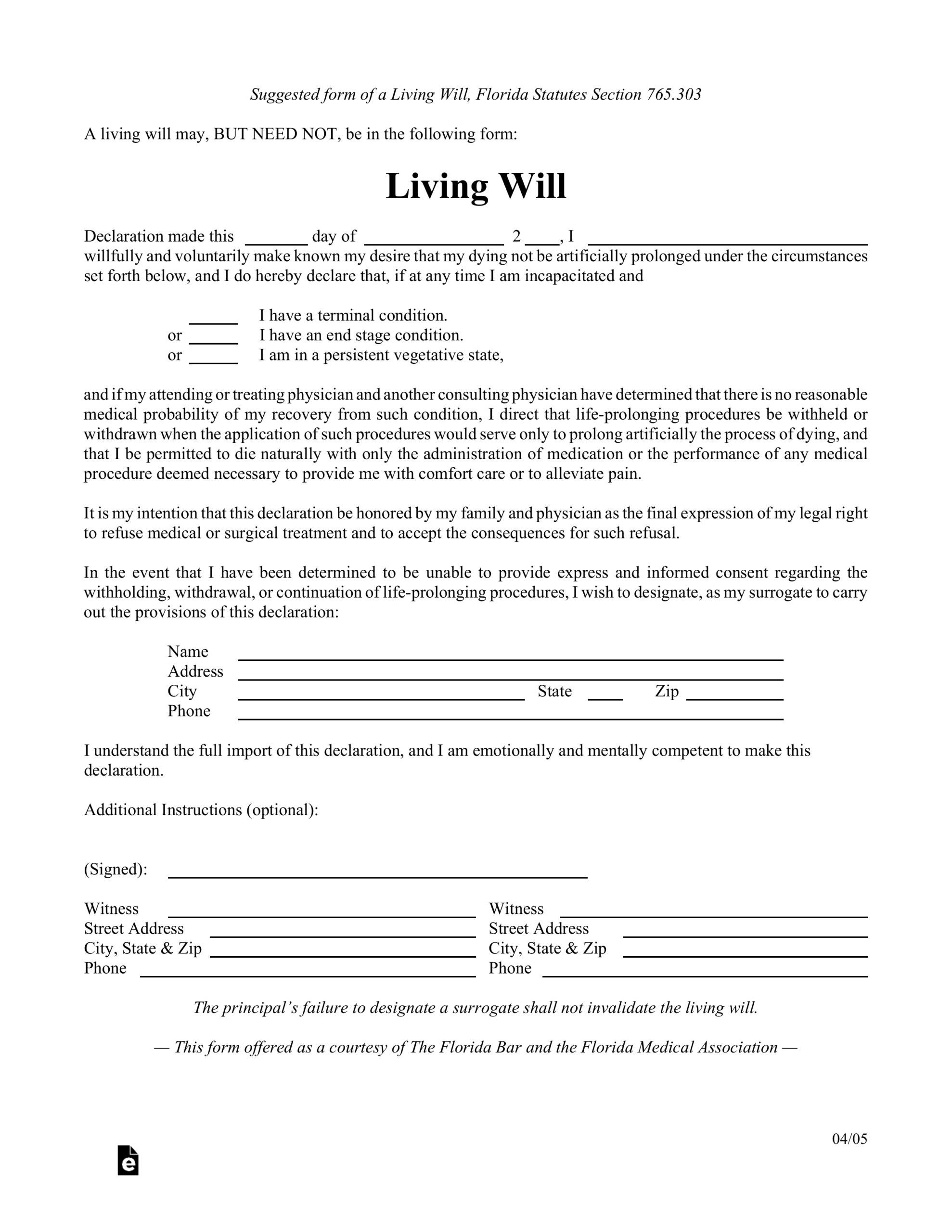 Living Will Forms Free Printable Pdf