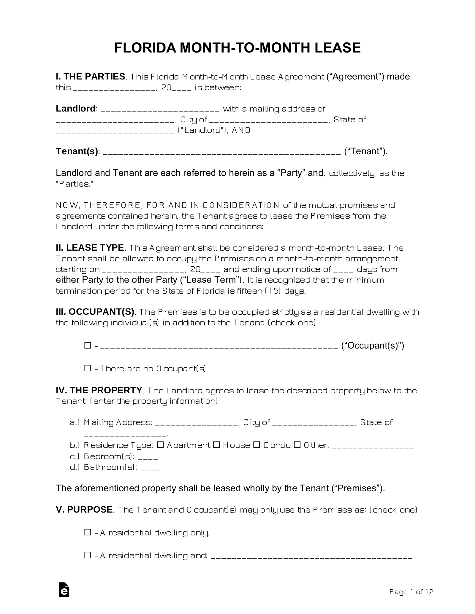 Free Florida Month to Month Lease Agreement PDF Word EForms