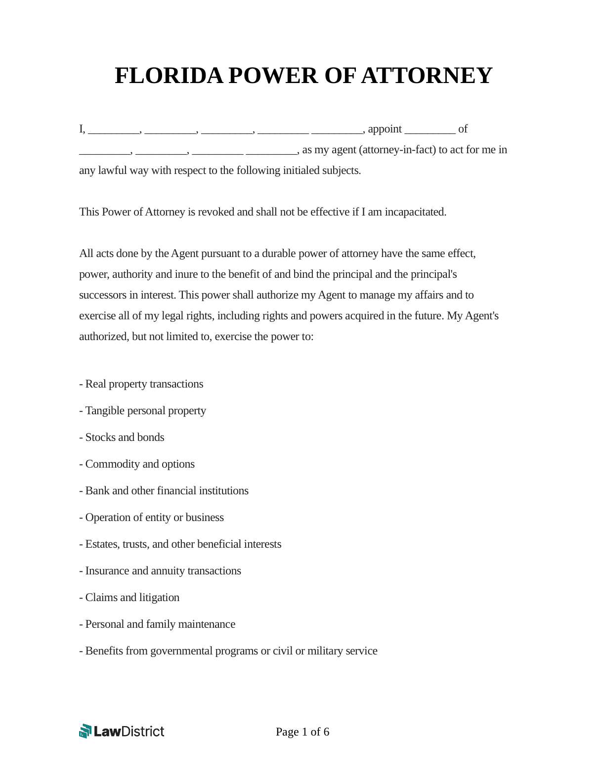 Free Florida Durable Power Of Attorney Printable Form