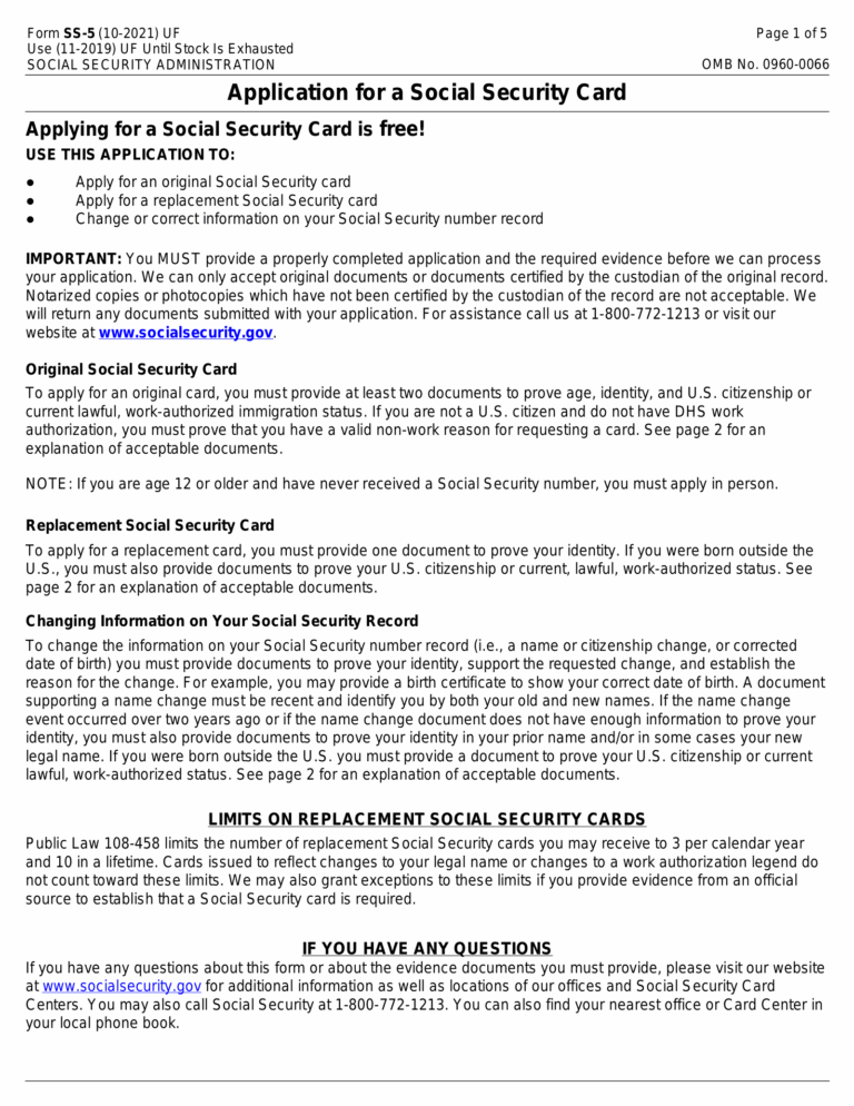 Free Form SS 5 Application For Social Security Card PDF EForms