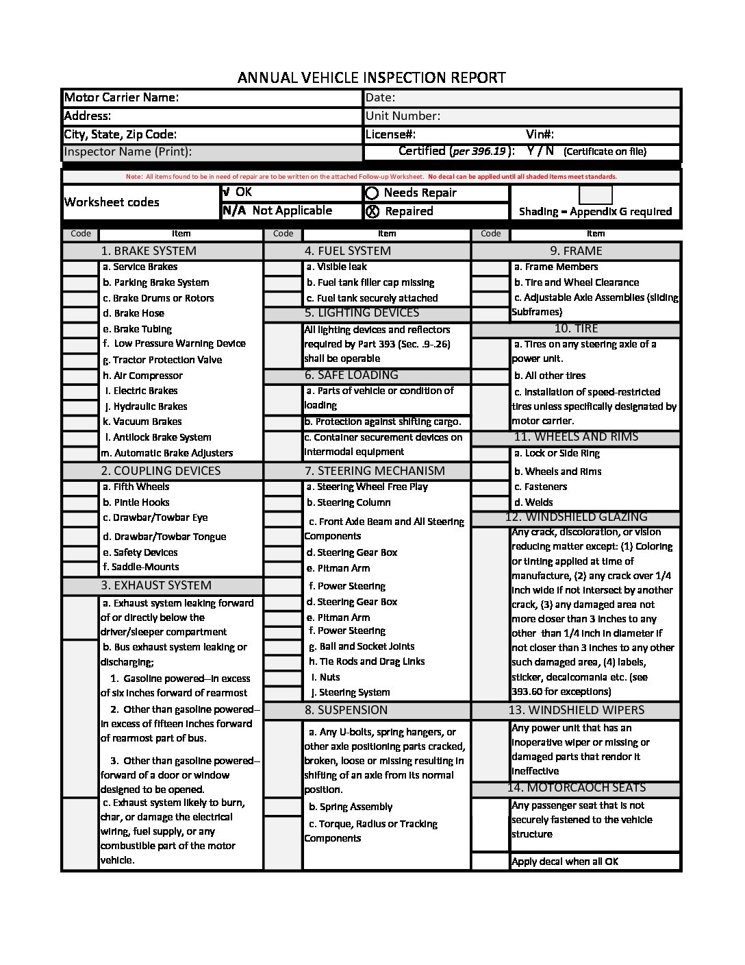Free Printable Vehicle Inspection Form