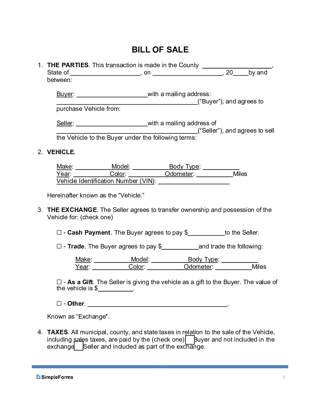 Free Generic Bill Of Sale Templates For Cars And More