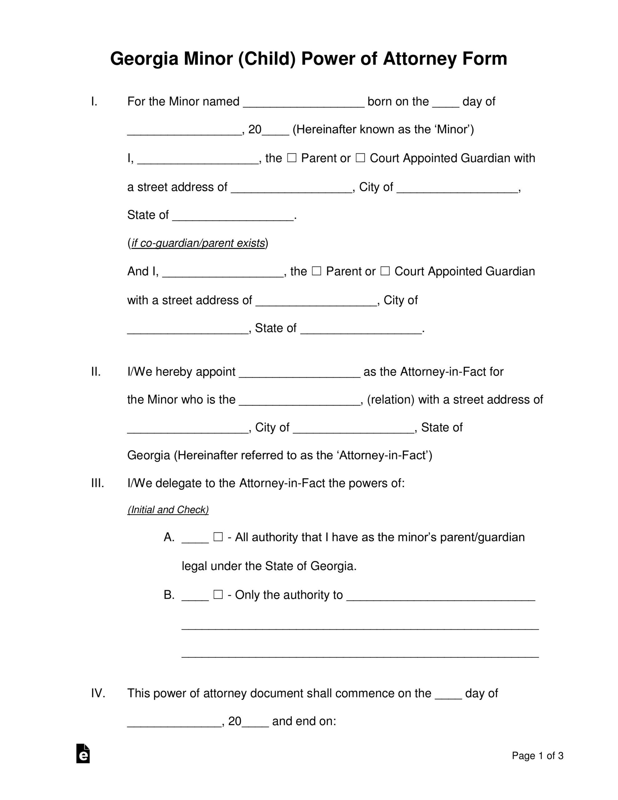 Free Georgia Minor Child Power Of Attorney Form PDF Word EForms