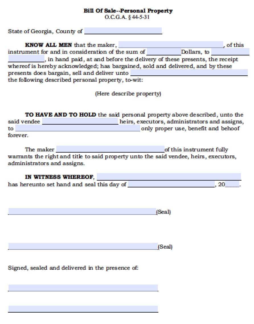 Free Printable Bill Of Sale Ga For Land Purchase Form