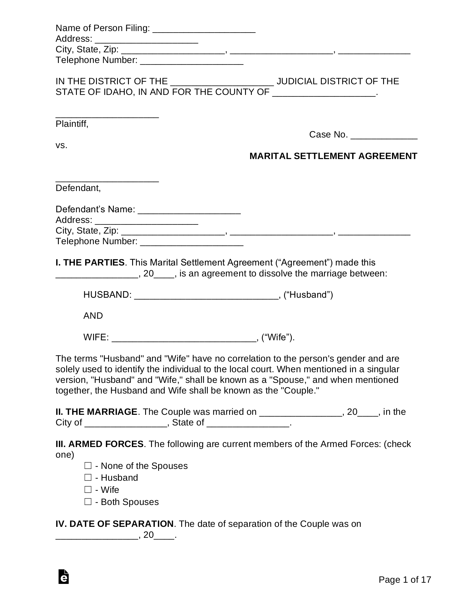 Free Idaho Marital Settlement Divorce Agreement PDF Word EForms