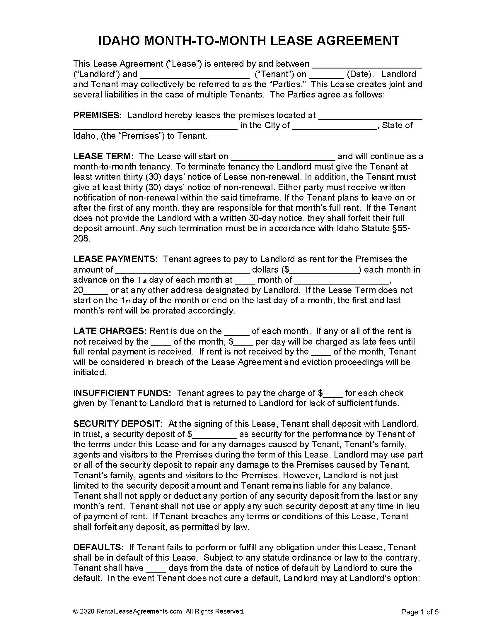 Free Idaho Month to Month Rental Agreement PDF MS Word