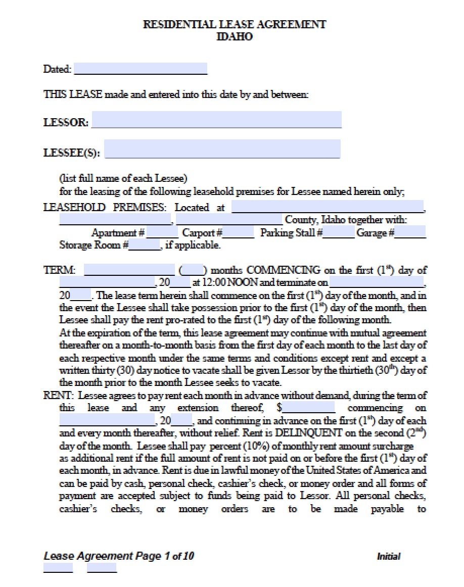Free Idaho Rental Lease Agreement Templates PDF Word