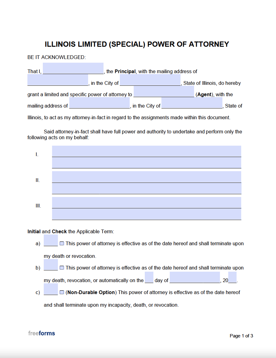 Free Illinois Limited Special Power Of Attorney Form PDF Word