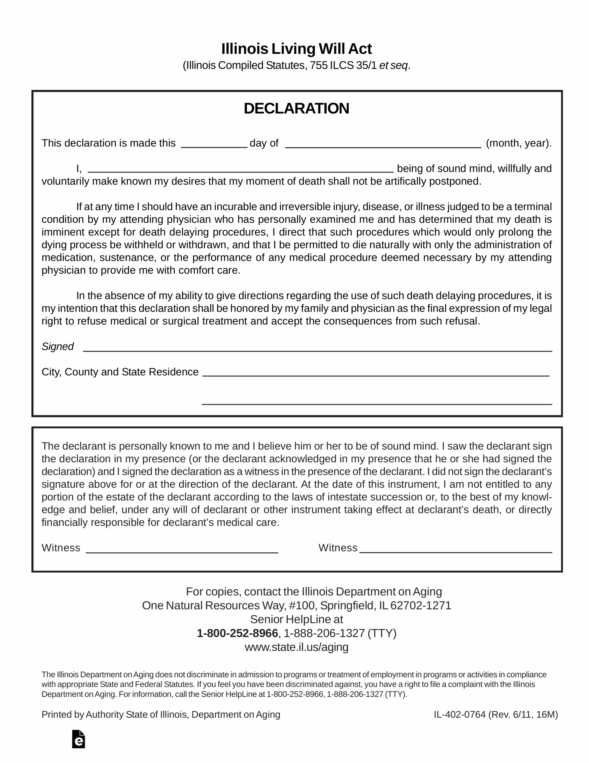 Free Illinois Living Will Form Declaration Template PDF EForms
