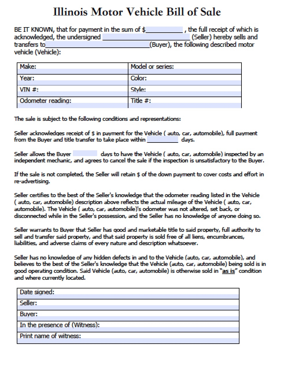 Free Illinois Motor Vehicle Secretary Of State Bill Of Sale Form PDF Word doc 