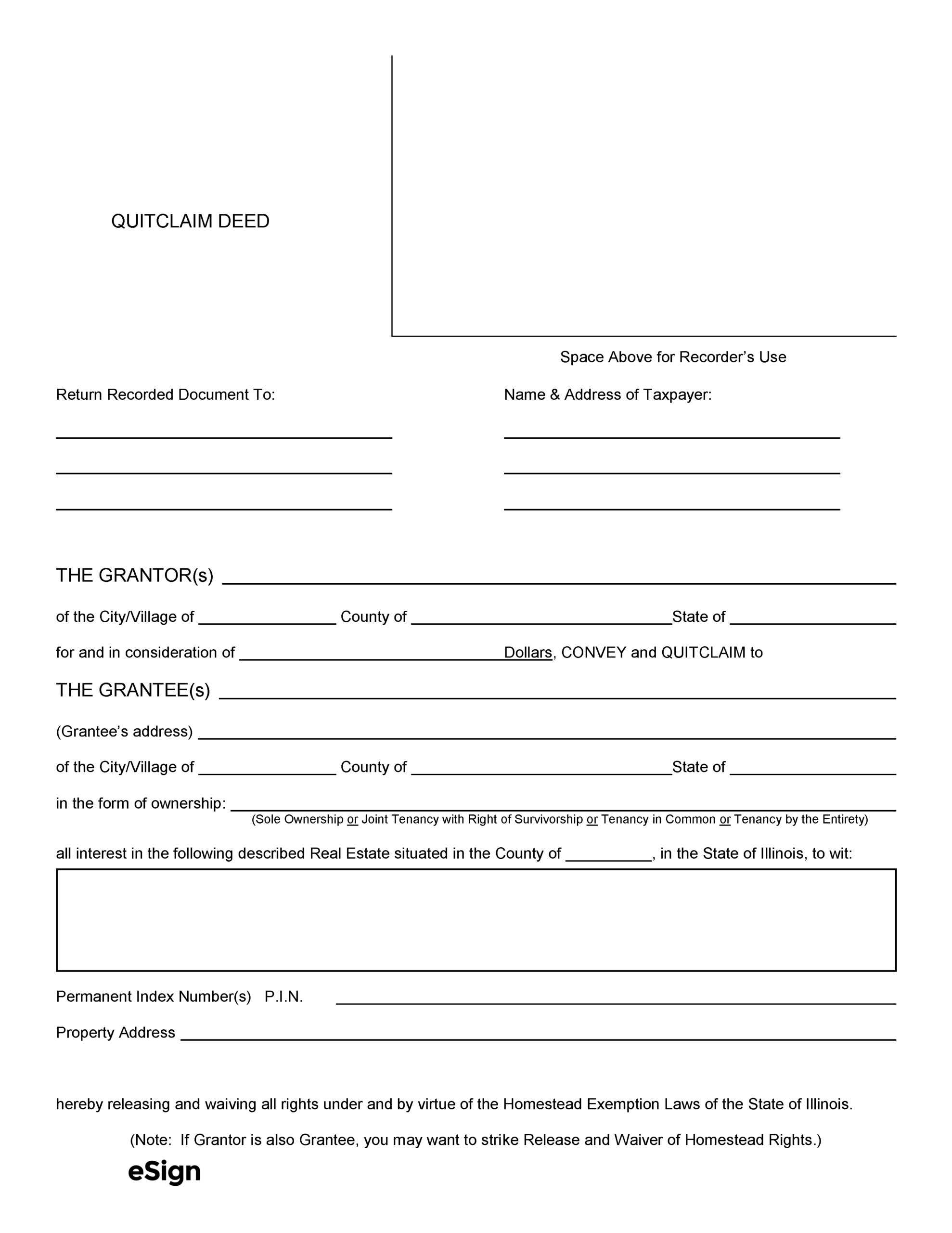 Free Illinois Quit Claim Deed Form PDF