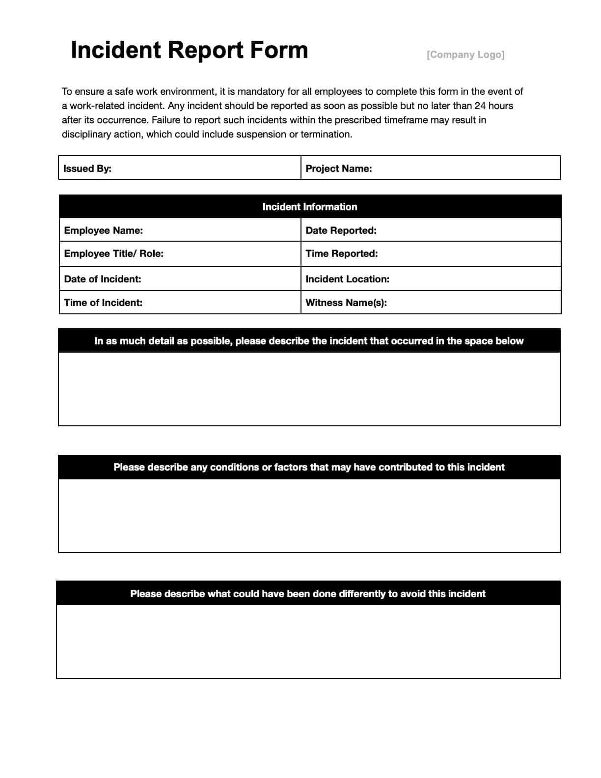 Free Incident Report Templates Download Print In PDF Office 