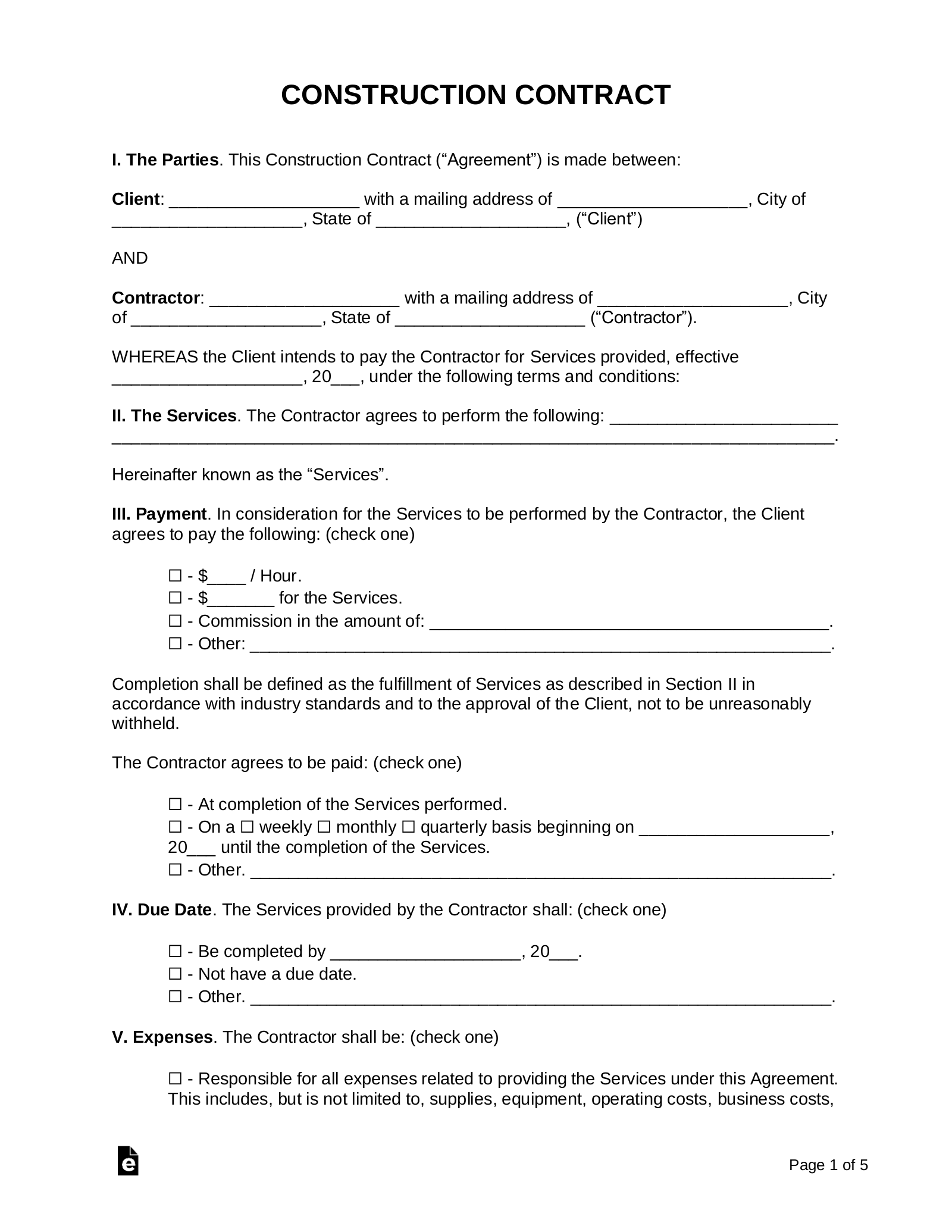 Free Printable General Contractions Forms