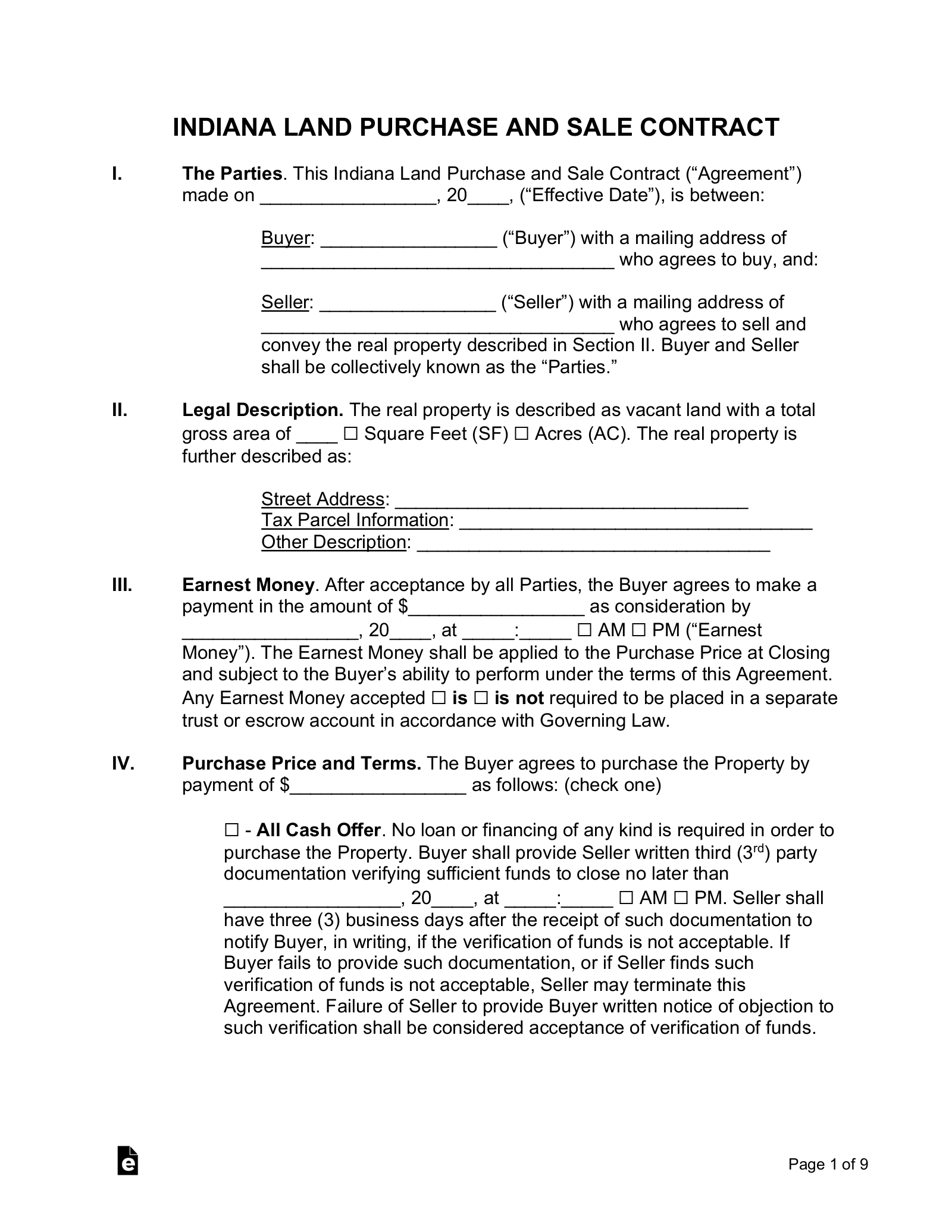 Free Indiana Land Contract Template PDF Word EForms