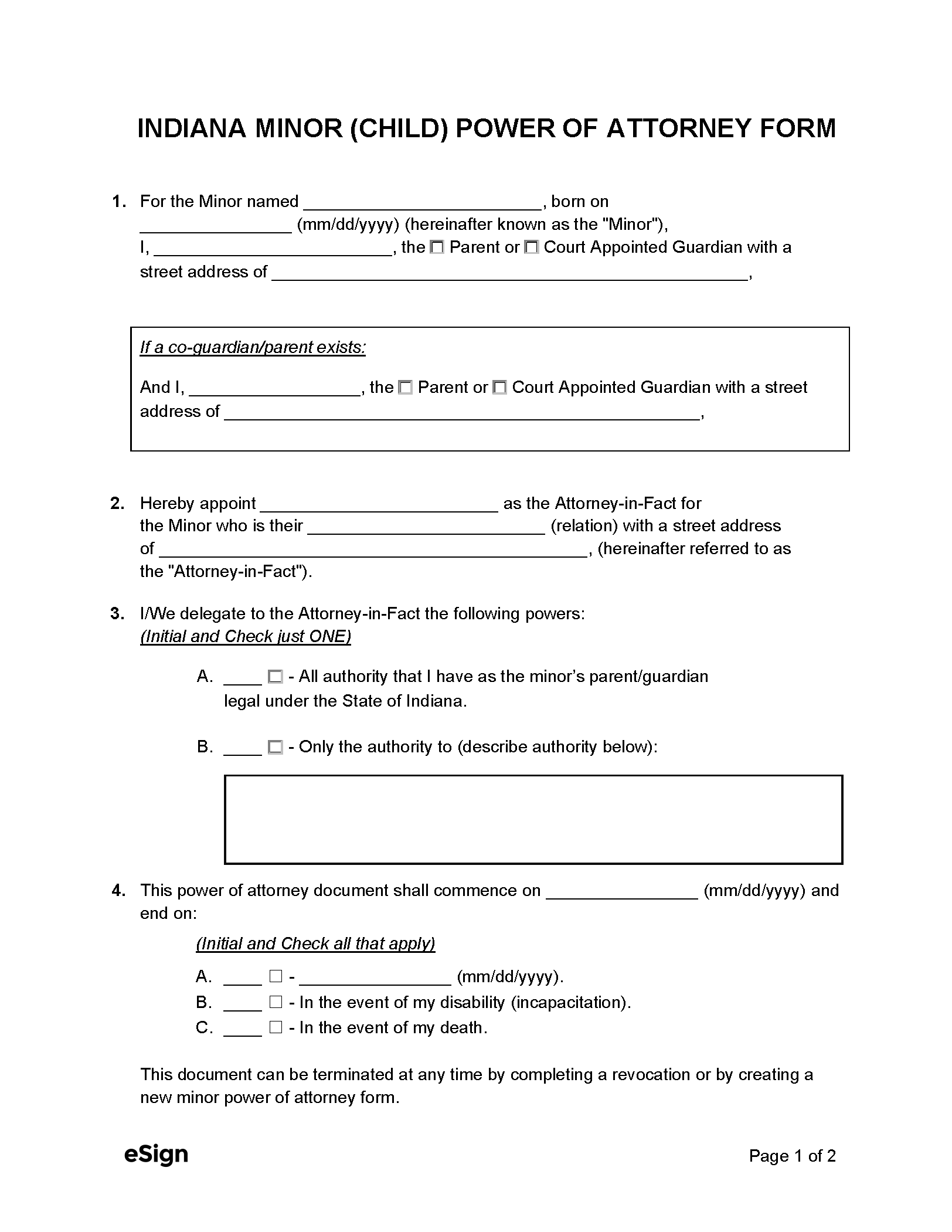 Free Indiana Minor Child Power Of Attorney Form PDF Word