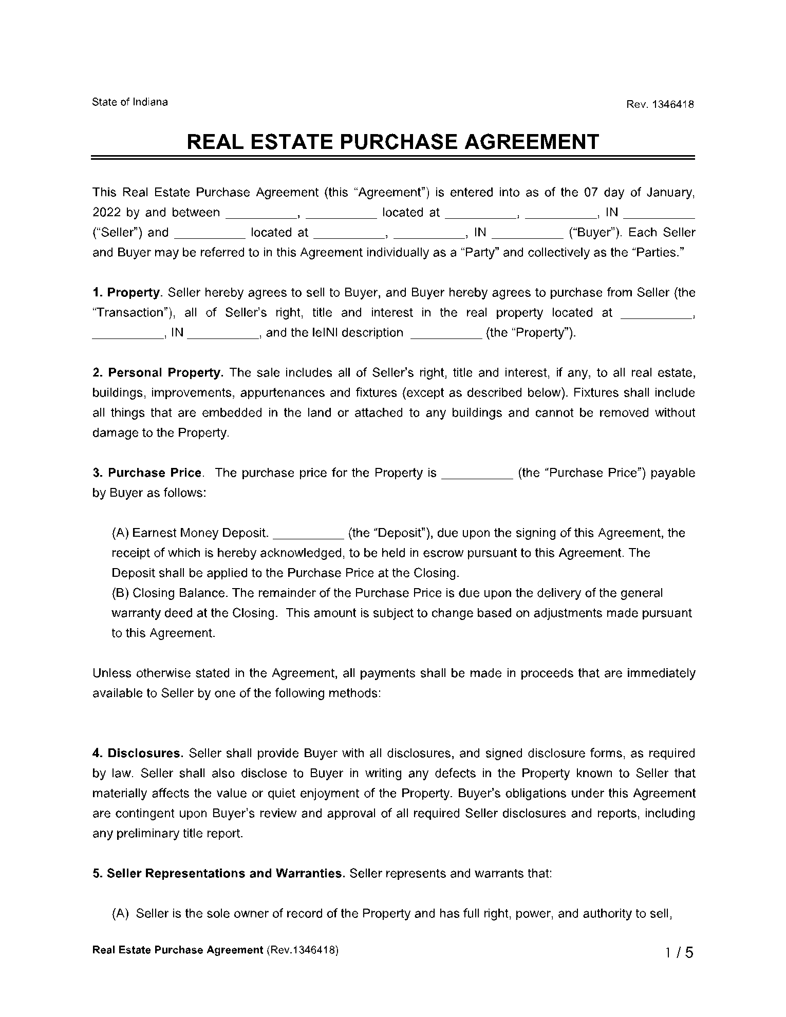 Free Indiana Real Estate Purchase Agreement Form CocoSign